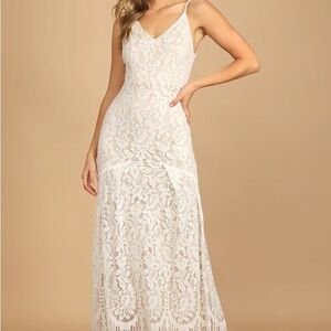 Lulu's Flynn - White and Tan Spaghetti Strap Maxi/Bridal Gown